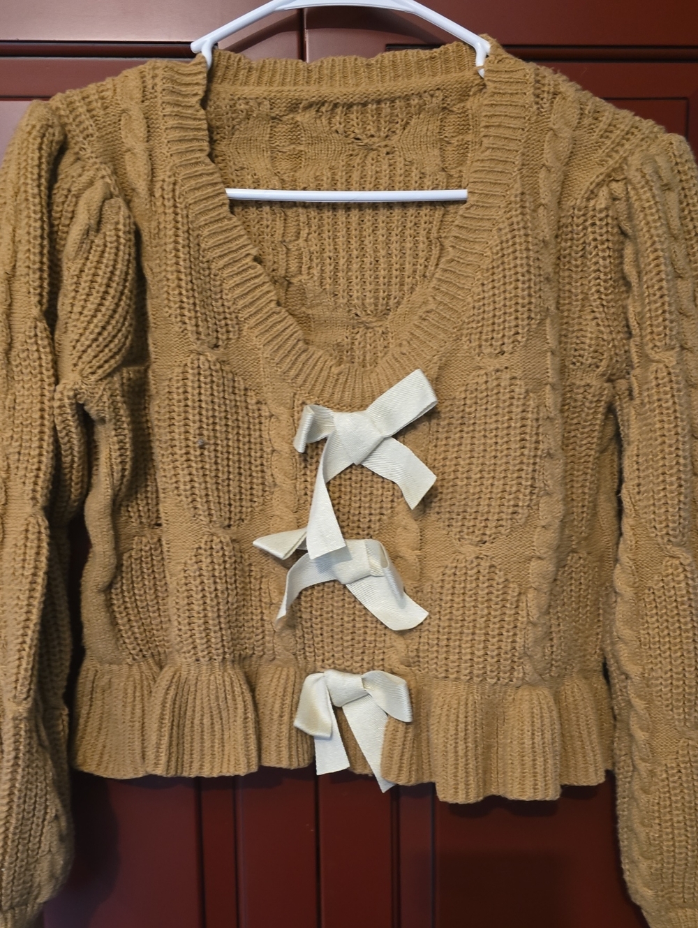 Women's Cable Knit Sweater with Ribbon Detail - Mustard
